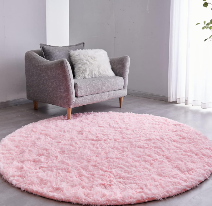 Pink Round Rug Ultra Soft Plush Modern 5x5 Circle Area Rug for Kid's Bedroom, Fluffy Circular Rug for Nursery Room, Non Slip Home Decor Cute Pink Carpet for Teen's Room