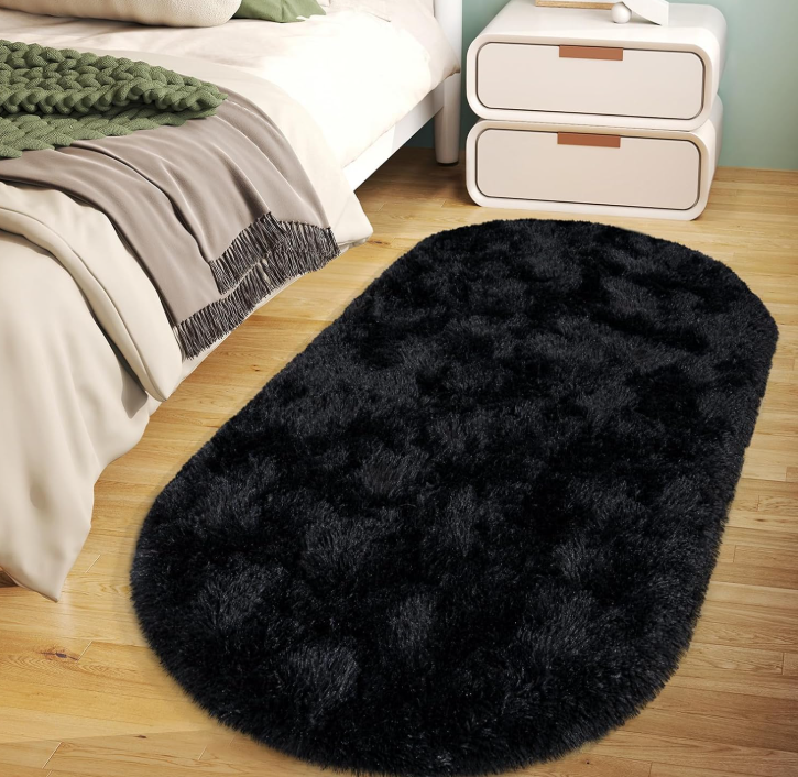 Soft Fluffy Area Rug for Bedroom, Black Fuzzy gy Oval Throw Rugs for Bedside, Non Slip Cozy Plush Carpet for Kids Room Nursery Dorm Living Room, 2 6 x 5 3 Feet